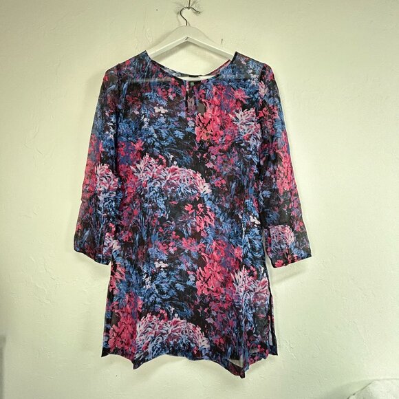 Shanghai Tang Womens Nature Print Silk Georgette Tunic Size 12 Navy New $365 - Picture 1 of 11